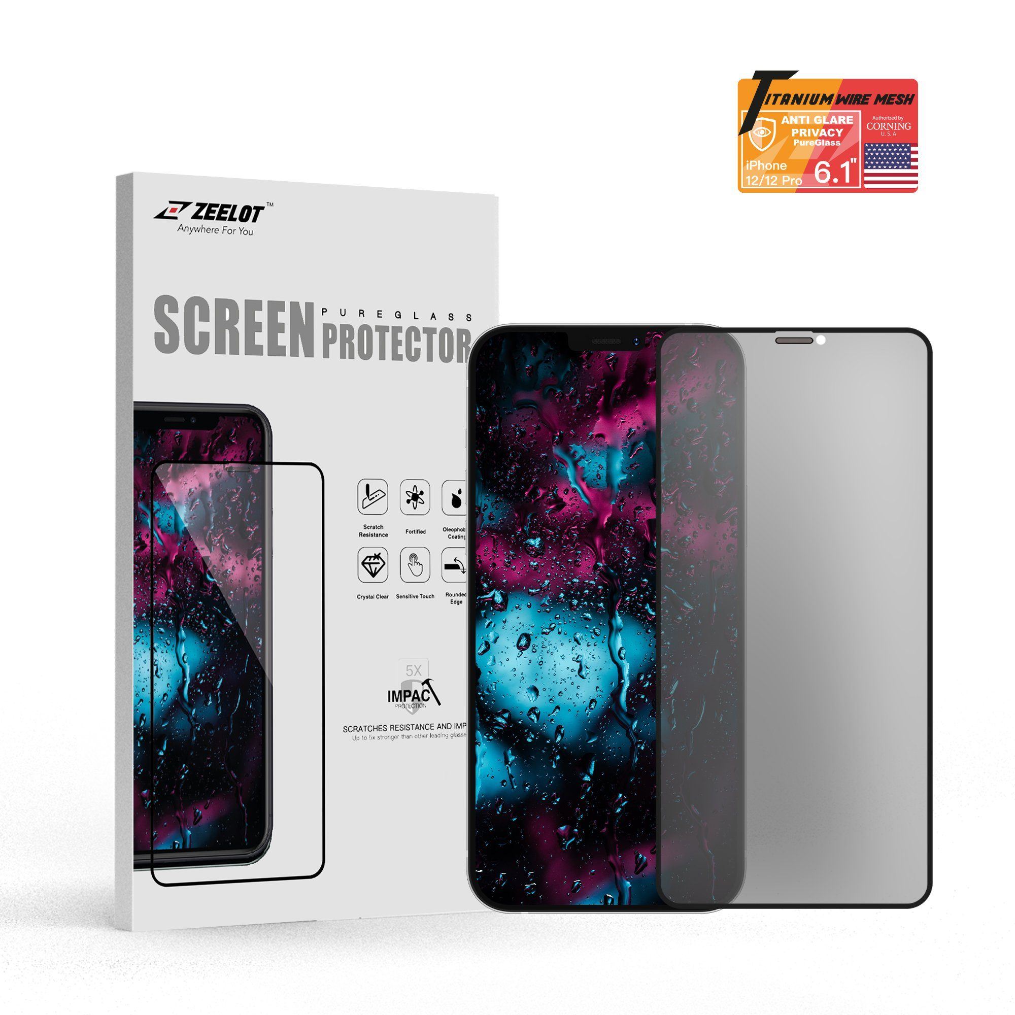 ZEELOT PureGlass 2.5D Titanium Wire Tempered Glass Screen Protector for iPhone 12/12 Pro 6.1" (2020), Matte Privacy Default ZEELOT 