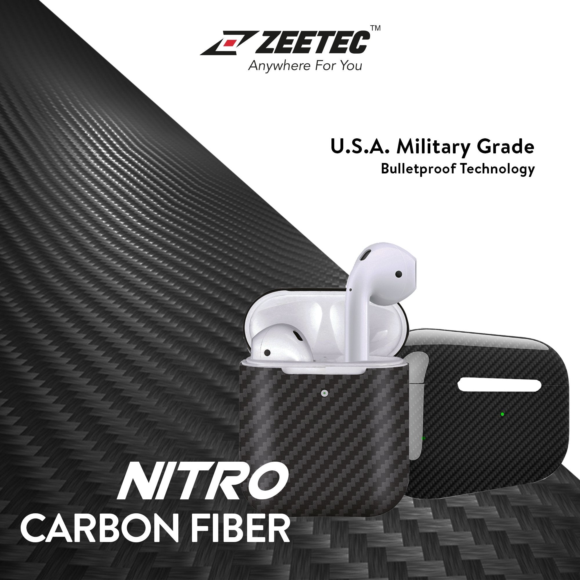Zeetec Nitro Series Carbon Fiber Case for AirPods 1, Jet Black AirPods Case Zeetec 