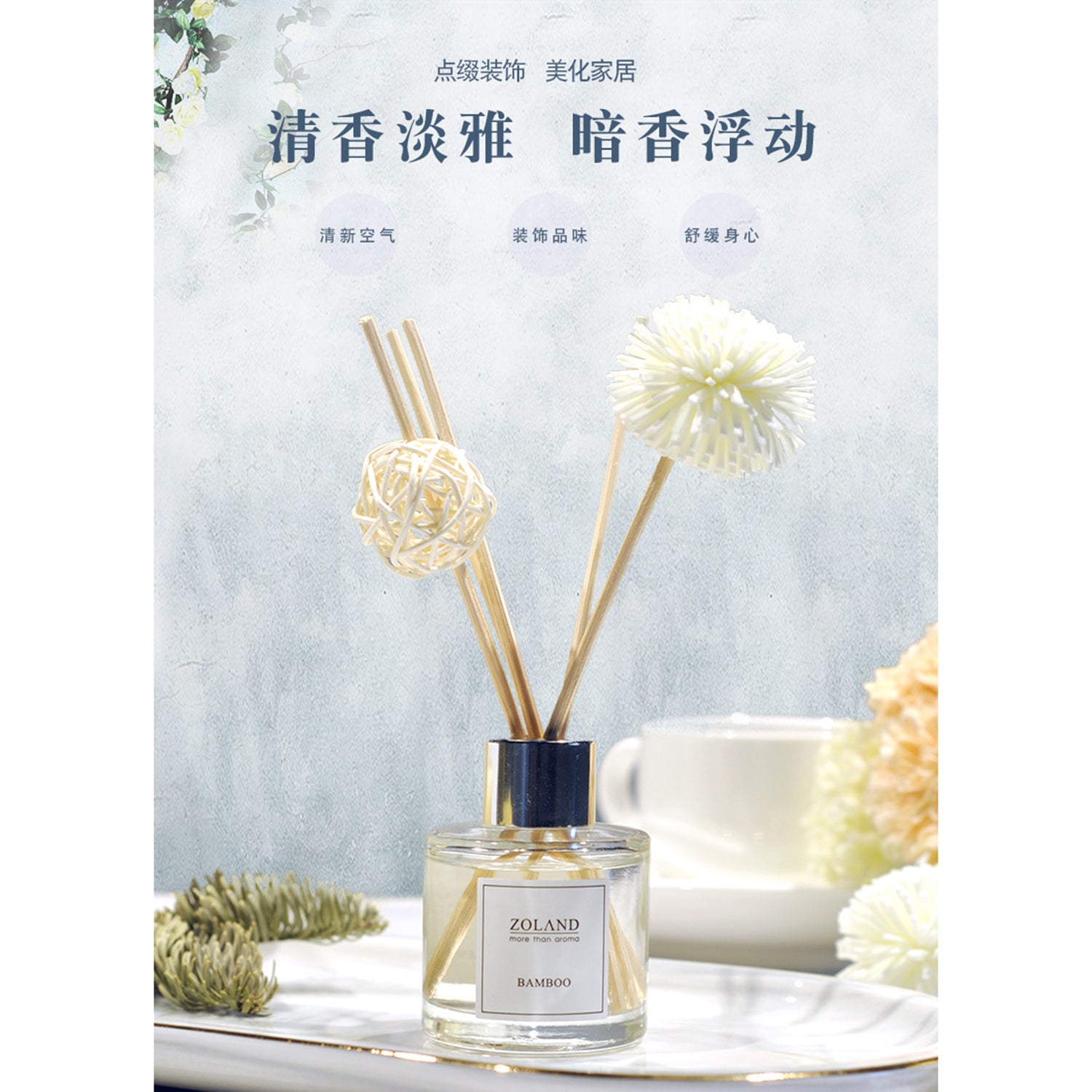 ZOLAND Reed Diffuser 50ML Premium Essential Oil Aromatherapy Round Bottle with Reed Stick, Sola Flower and Rattan Ball Reed Diffuser ZOLAND 